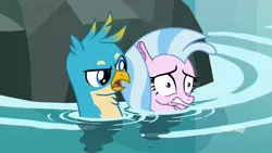 Size: 1920x1080 | Tagged: safe, derpibooru import, screencap, gallus, silverstream, gryphon, seapony (g4), what lies beneath, discovery family logo, duo, female, male, nightmare cave, scared, water