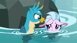 Size: 1920x1080 | Tagged: safe, derpibooru import, screencap, gallus, silverstream, gryphon, seapony (g4), what lies beneath, duo, female, male, nightmare cave, scared, water