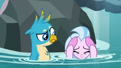 Size: 1920x1080 | Tagged: safe, derpibooru import, screencap, gallus, silverstream, gryphon, seapony (g4), what lies beneath, eyes closed, female, male, nightmare cave, scared, water