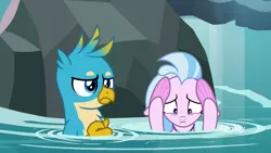 Size: 1920x1080 | Tagged: safe, derpibooru import, screencap, gallus, silverstream, gryphon, seapony (g4), what lies beneath, female, male, nightmare cave, scared, water
