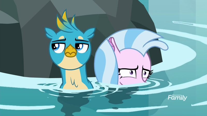 Size: 1920x1080 | Tagged: safe, derpibooru import, screencap, gallus, silverstream, gryphon, seapony (g4), what lies beneath, duo, female, male, nightmare cave, scared, water