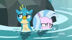 Size: 1920x1080 | Tagged: safe, derpibooru import, screencap, gallus, silverstream, gryphon, seapony (g4), what lies beneath, duo, female, male, nightmare cave, scared, water