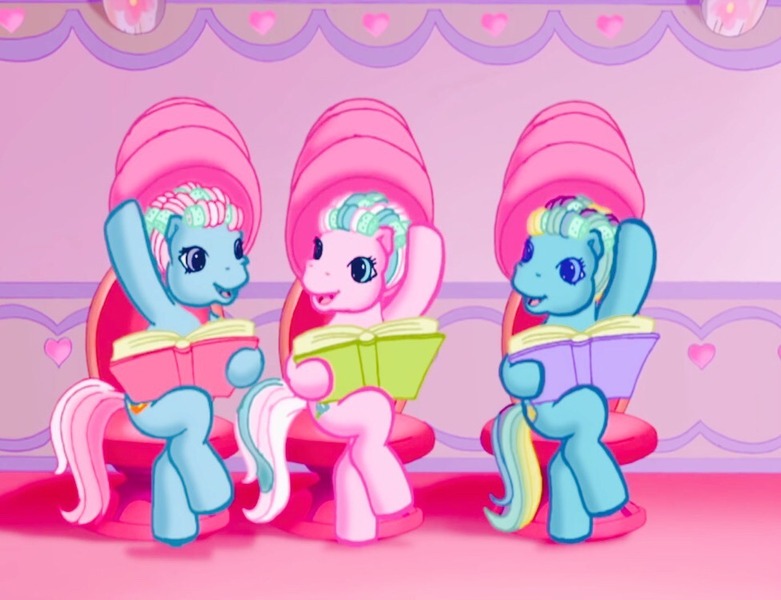 Size: 975x749 | Tagged: safe, derpibooru import, screencap, cotton candy (g3), pony, the princess promenade, book, chair, female, g3, hair curlers, hair dryer, hair salon, looking at each other, reading, sitting