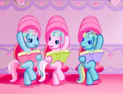 Size: 975x749 | Tagged: safe, derpibooru import, screencap, cotton candy (g3), pony, the princess promenade, book, chair, female, g3, hair curlers, hair dryer, hair salon, looking at each other, reading, sitting