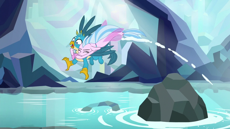 Size: 1280x720 | Tagged: safe, derpibooru import, screencap, gallus, silverstream, gryphon, seapony (g4), what lies beneath, duo, eyes closed, female, glomp, leaping, male, nightmare cave, shipping fuel, water