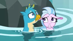 Size: 1280x720 | Tagged: safe, derpibooru import, screencap, gallus, silverstream, gryphon, seapony (g4), what lies beneath, duo, female, male, scared