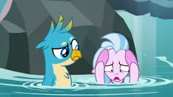 Size: 1280x720 | Tagged: safe, derpibooru import, screencap, gallus, silverstream, gryphon, seapony (g4), what lies beneath, duo, female, male, scared