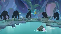 Size: 1920x1080 | Tagged: safe, derpibooru import, screencap, gallus, silverstream, gryphon, seapony (g4), what lies beneath, nightmare cave, rock, shadow, water, wings