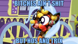 Size: 1824x1026 | Tagged: safe, artist:dwk, derpibooru import, edit, edited screencap, screencap, trixie, pony, unicorn, totally legit recap, road to friendship, bitches ain't shit, caption, cereal, dr. dre, female, food, image macro, mare, meme, solo, song reference, text, trix, trixie's wagon, vulgar, youtube link