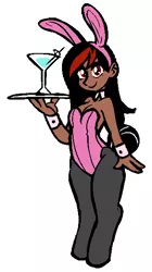 Size: 319x568 | Tagged: alcohol, artist:/d/non, breasts, bunny suit, clothes, cocktail glass, cuffs (clothes), derpibooru import, martini, oc, oc:annie, offspring, parent:king sombra, satyr, simple background, suggestive, tray, unofficial characters only, waitress, white background