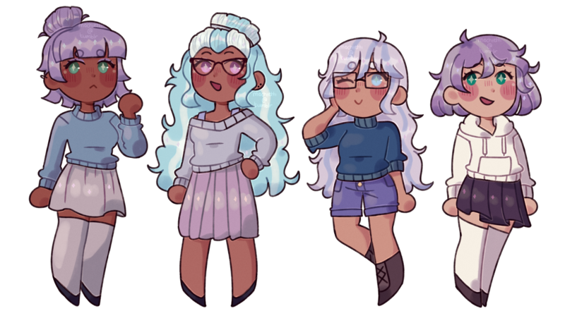 Size: 2400x1322 | Tagged: alternate hairstyle, artist:mochietti, blushing, boots, chibi, clothes, commission, dark skin, derpibooru import, ear piercing, earring, family, female, flats, glasses, hoodie, human, humanized, icey-verse, jewelry, lesbian, magical lesbian spawn, maudcoat, maud pie, mother and child, mother and daughter, next generation, oc, oc:rock candy (ice1517), oc:sweetie pie (ice1517), offspring, one eye closed, open mouth, parent:maud pie, parents:maudcoat, parent:sugarcoat, piercing, pleated skirt, safe, shipping, shoes, shorts, simple background, skirt, socks, stockings, sugarcoat, sweater, thigh highs, transparent background, wink