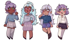 Size: 2400x1322 | Tagged: alternate hairstyle, artist:mochietti, blushing, boots, chibi, clothes, commission, dark skin, derpibooru import, ear piercing, earring, family, female, flats, glasses, hoodie, human, humanized, icey-verse, jewelry, lesbian, magical lesbian spawn, maudcoat, maud pie, mother and child, mother and daughter, next generation, oc, oc:rock candy (ice1517), oc:sweetie pie (ice1517), offspring, one eye closed, open mouth, parent:maud pie, parents:maudcoat, parent:sugarcoat, piercing, pleated skirt, safe, shipping, shoes, shorts, simple background, skirt, socks, stockings, sugarcoat, sweater, thigh highs, transparent background, wink