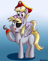 Size: 1073x1356 | Tagged: safe, artist:anibaruthecat, derpibooru import, derpy hooves, dinky hooves, pegasus, pony, unicorn, blushing, cute, equestria's best mother, eyepatch, female, filly, hat, headcanon, hook, looking at each other, mare, mother and child, mother and daughter, open mouth, pirate hat, signature