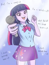 Size: 1653x2204 | Tagged: safe, artist:sumin6301, derpibooru import, twilight sparkle, equestria girls, clothes, creep (song), female, lyrics, microphone, miniskirt, music notes, open mouth, pleated skirt, radiohead, skirt, smiling, solo, song reference, text