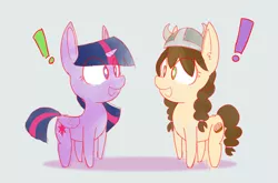 Size: 2232x1470 | Tagged: artist:niteax, cute, derpibooru import, exclamation point, looking at each other, oc, oc:tvælåt, safe, simple background, twilight sparkle