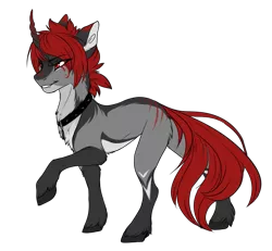 Size: 939x868 | Tagged: safe, artist:requiem♥, derpibooru import, oc, unofficial characters only, pony, unicorn, vampire, chest fluff, collar, ear fluff, fluffy, grey fur, hooves, horn, little fangs, long tail, male, red eyes, red hair, red tail, short hair, simple background, transparent background