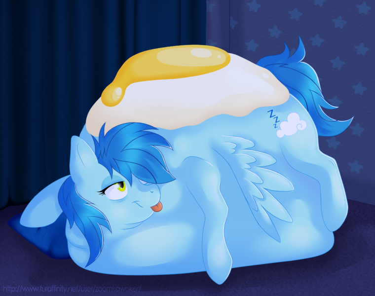 Size: 1124x887 | Tagged: questionable, artist:zoomkawoker, derpibooru import, oc, oc:soft cloud, unofficial characters only, pegasus, pony, belly, belly bed, big belly, egg (food), fat, food, huge belly, immobile, impossibly large belly, morbidly obese, obese, tongue out