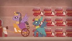 Size: 1280x720 | Tagged: safe, derpibooru import, screencap, prince hisan, pegasus, pony, daring done?, army, braided tail, chariot, egyptian, hieroglyphics, male, pharaoh, soldier, stallion, trot like an egiptian