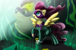 Size: 4800x3150 | Tagged: safe, artist:darksly, derpibooru import, fluttershy, saddle rager, firefly (insect), insect, pegasus, pony, angry, female, flutterhulk, mare, power ponies, raised hoof, signature, solo, spread wings, wings