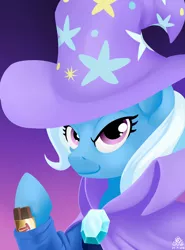 Size: 2000x2700 | Tagged: artist:poecillia-gracilis19, candy, cape, clothes, cute, derpibooru import, female, food, gradient background, hat, pun, safe, solo, trixie, trixie's cape, trixie's hat, twix, visual pun