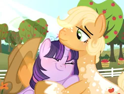 Size: 1037x787 | Tagged: safe, artist:6-fingers-lover, derpibooru import, applejack, twilight sparkle, earth pony, pony, apple, apple tree, applejack (male), blushing, crepuscular rays, cuddling, female, fence, food, half r63 shipping, hug, lesbian, male, mare, rule 63, shipping, stallion, straight, tree, twijack, twijack (straight)