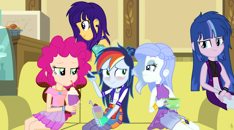 Size: 3200x1780 | Tagged: safe, artist:ilaria122, derpibooru import, oc, oc:chocolate candy, oc:sapphire blue, oc:shooting star (ilaria122), oc:sky, oc:velvet star, equestria girls, bedroom eyes, belly button, belt, blazer, blushing, bracelet, braid, cardigan, choker, clothes, crush, cup, ear piercing, earring, jeans, jewelry, leggings, midriff, milkshake, necklace, next generation, offspring, pants, parent:cheese sandwich, parent:fancypants, parent:flash sentry, parent:pinkie pie, parent:rainbow dash, parent:rarity, parent:soarin', parent:twilight sparkle, parents:cheesepie, parents:flashlight, parents:raripants, parents:soarindash, piercing, side slit, sitting, skirt, sports bra, sugarcube corner, teacup