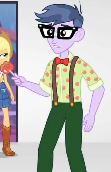 Size: 406x628 | Tagged: safe, derpibooru import, screencap, applejack, microchips, equestria girls, equestria girls series, rollercoaster of friendship, caramel apple (food), cropped, glasses, male