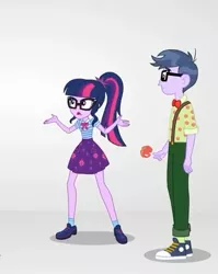 Size: 401x504 | Tagged: safe, derpibooru import, screencap, microchips, sci-twi, twilight sparkle, equestria girls, equestria girls series, rollercoaster of friendship, caramel apple (food), clothes, converse, cropped, female, geode of telekinesis, glasses, magical geodes, male, pants, ponytail, shoes, shrug, skirt, socks