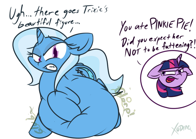 Size: 2108x1500 | Tagged: questionable, semi-grimdark, artist:xodisvorebin, derpibooru import, trixie, twilight sparkle, pony, unicorn, belly, big belly, dialogue, didn't think this through, digestion, fat, female, fetish, huge belly, implied death, implied digestion, implied pinkie pie, implied vore, impossibly large belly, large belly, mare, post-vore, reality ensues, stomach noise, the great and bountiful trixie, trixie predamoon, vore, weight gain