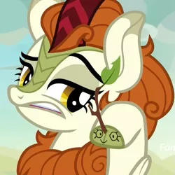 Size: 1079x1078 | Tagged: autumn blaze, autumn blaze's puppet, cloven hooves, cropped, derpibooru import, female, hand puppet, kirin, puppet, safe, screencap, solo, sounds of silence, stick, twig, whispering
