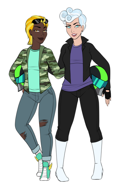 Size: 2385x3914 | Tagged: alternate version, artist:emberfan11, boots, camouflage, clothes, commission, converse, dark skin, derpibooru import, ear piercing, earring, eye scar, female, fingerless gloves, gloves, helmet, hoodie, human, humanized, jacket, jeans, jewelry, leather jacket, lightning dust, lip piercing, lipstick, pants, piercing, rolling thunder, safe, scar, shirt, shoes, simple background, sneakers, socks, sunglasses, the washouts, the washouts (episode), torn clothes, transparent background, t-shirt
