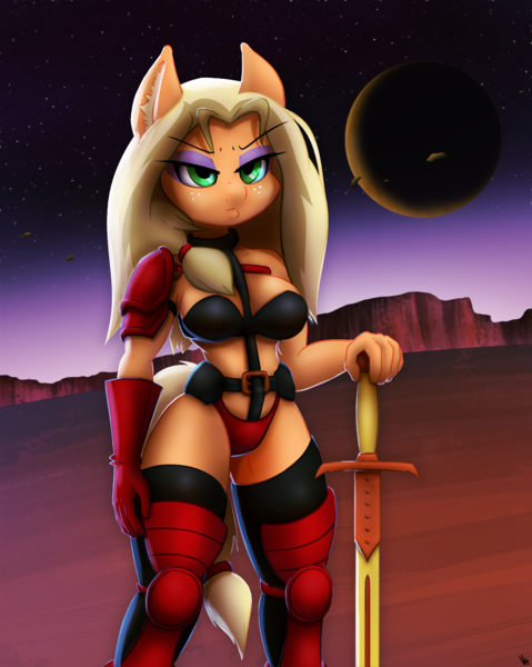 Size: 1060x1329 | Tagged: suggestive, artist:ikarooz, derpibooru import, applejack, ponified, anthro, pony, armor, battle bikini, breasts, busty applejack, fantasy, female, heavy metal, heavy metal (film), retro, solo, solo female, sword, taarna, taarnajack, tarakian, unconvincing armor, weapon