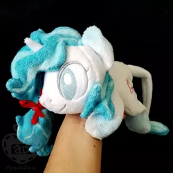 Size: 1000x1000 | Tagged: safe, artist:appledew, derpibooru import, oc, oc:azure, unofficial characters only, pony, unicorn, beanie (plushie), female, gradient ears, gradient hooves, hand, horn, irl, leonine tail, mare, photo, plushie, prone, solo