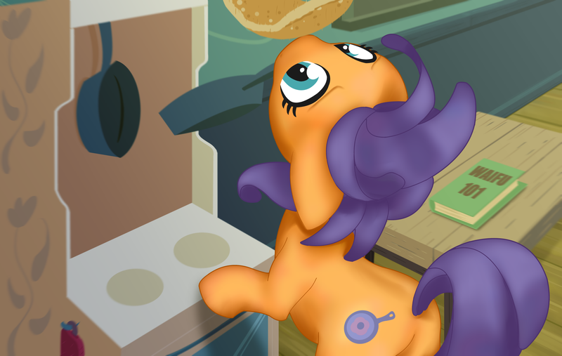 Size: 1800x1140 | Tagged: safe, artist:lockhe4rt, derpibooru import, frying pan (character), earth pony, pony, background pony, female, food, frying pan, las pegasus resident, mare, pancakes, solo, waifu