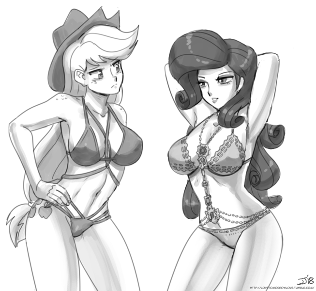 Size: 1200x1103 | Tagged: adorasexy, applejack, applejack's hat, arm behind head, armpits, artist:johnjoseco, ask gaming princess luna, belly button, bikini, bikini babe, breasts, busty applejack, busty rarity, clothes, cowboy hat, cute, cutie mark on human, derpibooru import, duo, duo female, erect nipples, female, females only, frilled swimsuit, grayscale, hand on hip, hat, human, humanized, jackabetes, jeweled swimsuit, monochrome, multi-strap swimsuit, nipple outline, raribetes, rarity, sexy, simple background, suggestive, swimsuit, white background