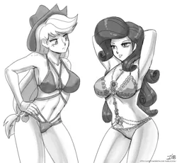 Size: 1200x1103 | Tagged: adorasexy, applejack, applejack's hat, arm behind head, armpits, artist:johnjoseco, ask gaming princess luna, belly button, bikini, bikini babe, breasts, busty applejack, busty rarity, clothes, cowboy hat, cute, cutie mark on human, derpibooru import, duo, duo female, erect nipples, female, females only, frilled swimsuit, grayscale, hand on hip, hat, human, humanized, jackabetes, jeweled swimsuit, monochrome, multi-strap swimsuit, nipple outline, raribetes, rarity, sexy, simple background, suggestive, swimsuit, white background