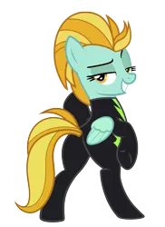 Size: 3334x4576 | Tagged: safe, artist:vanchees, derpibooru import, lightning dust, pegasus, pony, the washouts (episode), bedroom eyes, bipedal, bodysuit, butt, catsuit, clothes, female, grin, looking at you, looking back, looking back at you, plot, simple background, smiling, solo, stupid sexy lightning dust, transparent background, uniform, vector, washouts uniform