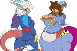 Size: 1200x800 | Tagged: anthro, artist:mad'n evil, derpibooru import, discord, draconequus, draconequus oc, eris, fat, female, females only, food, oc, oc:wonka, pie, rule 63, simple background, suggestive, white background