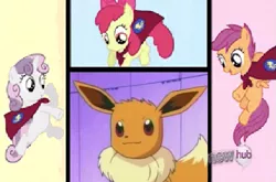 Size: 643x424 | Tagged: apple bloom, crossover, cutie mark crusaders, derpibooru import, edit, edited screencap, eevee, one bad apple, pokémon, safe, scootaloo, screencap, sweetie belle