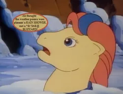 Size: 546x416 | Tagged: censored vulgarity, cropped, derpibooru import, edit, edited screencap, g1, grawlixes, my little pony 'n friends, safe, screencap, snow, somnambula (episode), speech bubble, tex, text