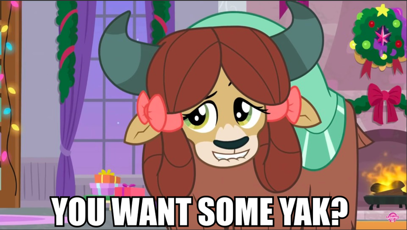 Size: 961x543 | Tagged: bedroom eyes, caption, derpibooru import, edit, edited screencap, female, fireplace, fuk, image macro, impact font, lemme smash, lip bite, meme, pun, screencap, solo, solo female, suggestive, text, the hearth's warming club, vulgar, wreath, yak, yona