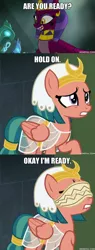 Size: 600x1584 | Tagged: safe, derpibooru import, edit, edited screencap, screencap, somnambula, sphinx (character), pegasus, pony, sphinx, daring done?, blindfold, caption, comic, female, image macro, mare, meme, screencap comic, spongebob squarepants, text, the bully