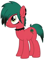 Size: 1388x1876 | Tagged: safe, artist:thederpygirl, derpibooru import, oc, oc:sour apple (ice1517), unofficial characters only, earth pony, pony, choker, description is relevant, dyed mane, ear piercing, earring, female, freckles, goth, hair over one eye, jewelry, mare, piercing, simple background, solo, spiked choker, story included, transparent background