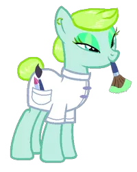 Size: 414x518 | Tagged: safe, artist:chloemaej, derpibooru import, oc, oc:glamour shine (ice1517), unofficial characters only, earth pony, pony, brush, clothes, ear piercing, earring, eyeshadow, female, jewelry, makeup, mare, mouth hold, paintbrush, piercing, simple background, solo, transparent background, uniform