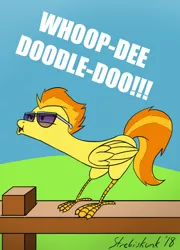 Size: 733x1016 | Tagged: artist:strebiskunk, behaving like a rooster, bird, derpibooru import, female, hen, majestic as fuck, safe, signature, solo, species swap, spitfire, sunglasses, the washouts (episode)