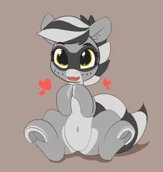 Size: 1280x1345 | Tagged: safe, artist:pabbley, derpibooru import, oc, oc:bandy cyoot, unofficial characters only, hybrid, pony, raccoon, raccoon pony, belly button, cute, cute little fangs, fangs, female, frog (hoof), heart, hnnng, hoofbutt, looking at you, ocbetes, open mouth, simple background, smiling, solo, underhoof