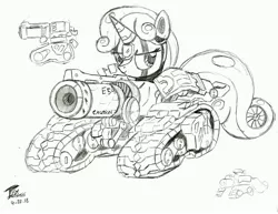 Size: 3896x3008 | Tagged: artist:brekrofmadness, bastion (overwatch), crossover, derpibooru import, monochrome, overwatch, robot, safe, solo, sweetie belle, sweetie bot, tank pony, tank (vehicle), traditional art