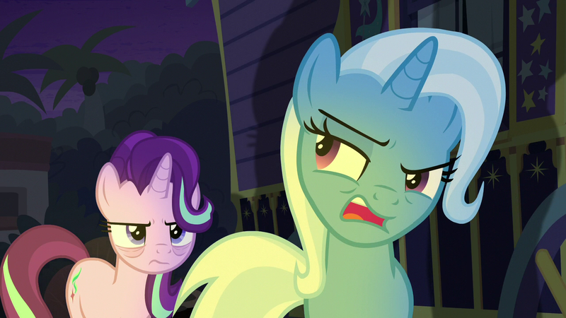 Size: 1280x720 | Tagged: annoyed, bags under eyes, derpibooru import, light, night, raised eyebrow, road to friendship, safe, screencap, starlight glimmer, trixie, trixie's wagon, wagon