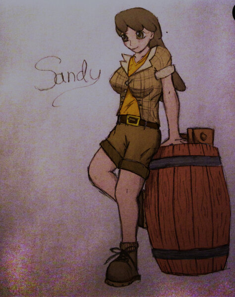 Size: 794x1005 | Tagged: artist:zenozine, ask sandy pony, barrel, clothes, derpibooru import, human, humanized, mjölna, safe, solo, traditional art