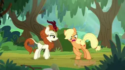 Size: 1280x720 | Tagged: safe, derpibooru import, screencap, applejack, autumn blaze, earth pony, kirin, pony, sounds of silence, angry, applejack's hat, cowboy hat, duo, female, frustrated, hat, lidded eyes, mare, stetson